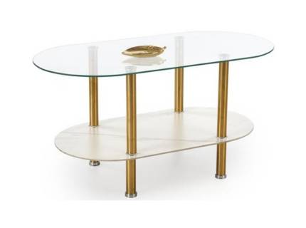 Masuta DUCAT cu spatiu tip suport, din sticla transparenta, sticla cu efect de marmura alba, metal auriu 100x50xH51cm