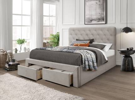 Pat tapitat cu somiera si sertare pentru depozitare MARISOL (160x200cm) catifea beige