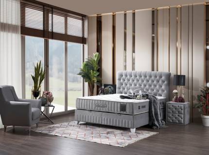 Pat tapitat cu saltea si spatiu pentru depozitare SENSITIVE (140x200cm) grey 