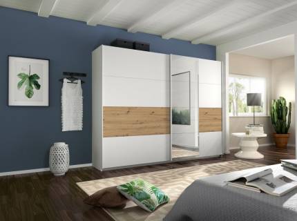 Dulap cu usi glisante BOSTON EXTRA 271x210x62cm alb alpin/ stejar Artisan - oglinda, maner aluminiu