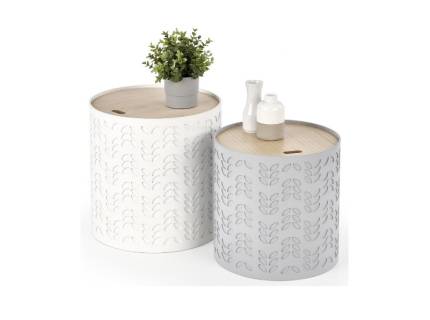 Set 2 masute ALBA cu spatiu pentru depozitare, din metal alb / gri, MDF nuanta lemnului 35xH35cm / 39xH40cm
