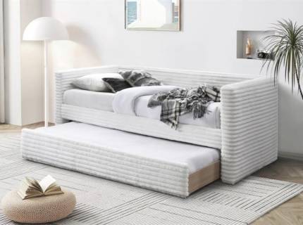 Pat tapitat cu somiera si pat suplimentar ALABAMA (90x200cm) material plusat-raiat cream 