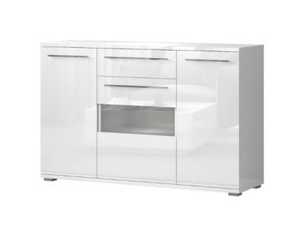 Comoda cu 3 usi si 1 sertar PIANO WHITE 150x85x45cm alb lucios - sticla, manere si picioare crom