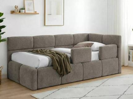 Pat tapitat cu somiera, spatiu pentru depozitare si protectii pentru pat EMMA RAVEN (120x200cm) material textil cappuccino