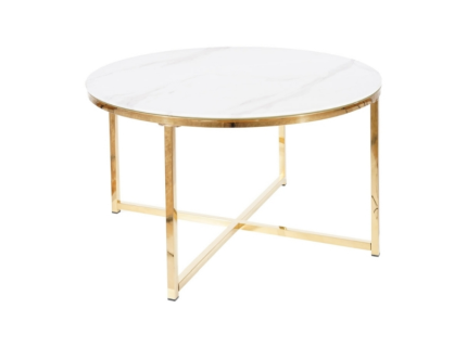 Masuta SALMA din sticla cu efect de marmura alba, metal auriu 80xH45cm