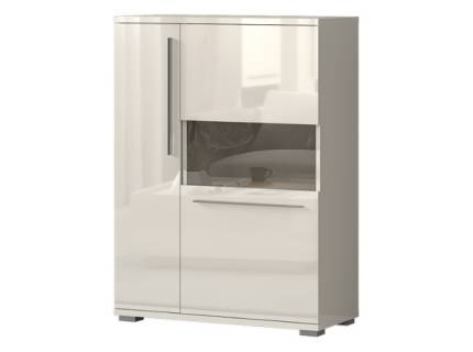 Vitrina lata cu 2 usi cu sticla PIANO BEIGE 90x123x40cm bej lucios - sticla, manere si picioare crom