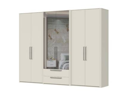 Dulap cu 6 usi cu balamale si 2 sertare AIR 290x225x61cm Pepper White/ oglinda, manere antracit 