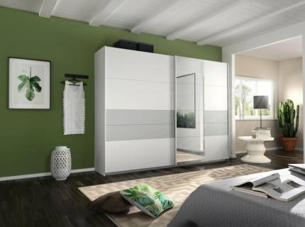 Dulap cu usi glisante BOSTON EXTRA 271x210x62cm alb alpin/ silk grey - oglinda, maner alb alpin