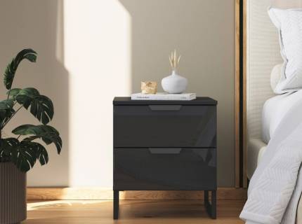 Noptiera cu 2 sertare ADITIO 40x55x42cm gri metalic/ sticla basalt 