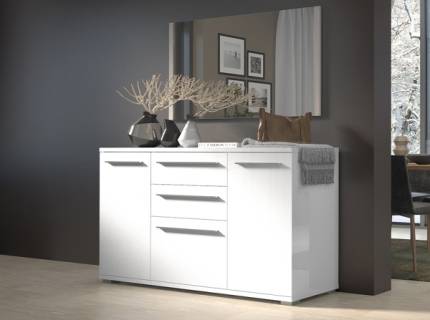 Comoda cu 2 usi si 3 sertare PIANO WHITE 150x85x45cm alb lucios, manere crom