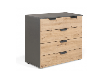 Comoda cu 5 sertare ADITIO 80x81x42cm gri metalic/ stejar aritsan, manere gri metalic