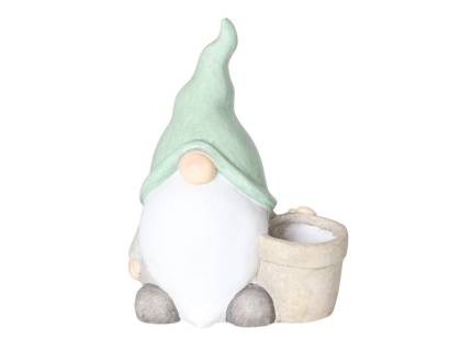 Gnom cu ghiveci si caciula verde din ceramica