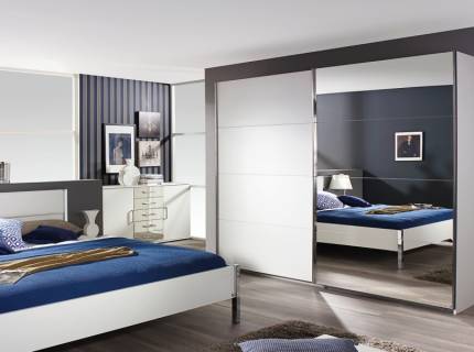 Dulap cu usi glisante MOITA 181x210x62cm alb alpin/ oglinda, maner crom