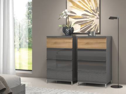 Comoda cu 4 sertare ONYX 60x101x45cm antracit lucios/ nuc pacific, manere crom