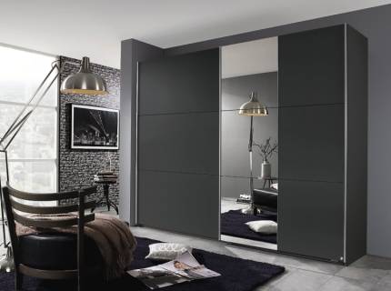 Dulap cu usi glisante KRONACH I 218x210x59cm gri metalic/ oglinda, maner aluminiu