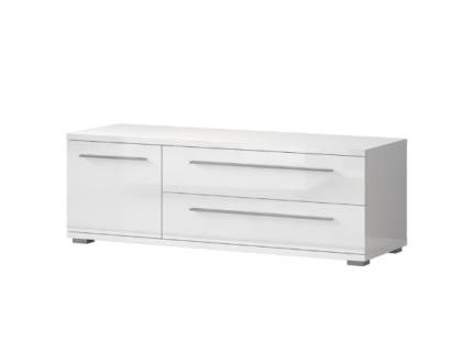 Comoda TV cu 1 usa si 2 sertare PIANO WHITE 135x46x45cm alb lucios, manere si picioare crom