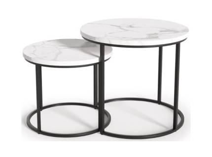 Set 2 masute OREO WHITE din MDF laminat cu efect de marmura alba, metal negru 53xH45cm / 43xH35cm