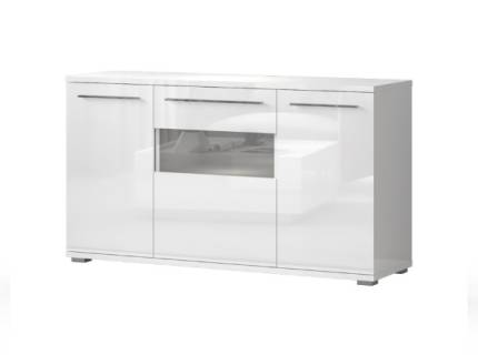 Comoda cu 3 usi cu sticla PIANO WHITE 150x85x45cm alb lucios - sticla, manere si picioare crom