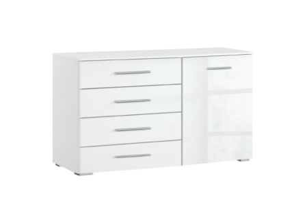 Comoda cu 4 sertare si 1 usa ADITIO 140x81x42cm alb alpin/ alb lucios, manere aluminiu