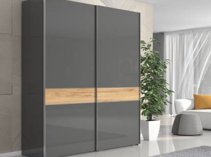 Dulap cu usi glisante ONYX 182x224x61cm antracit lucios/ nuc Pacific, maner crom 