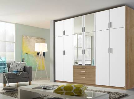 Dulap cu 12 usi cu balamale si 3 sertare HILDESHEIM EXTRA 271x229x54cm alb alpin/ sonoma - oglinda 