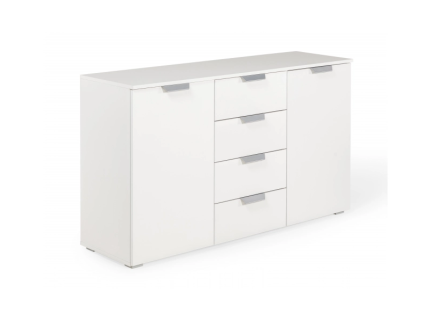 Comoda cu 2 usi si 4 sertare ADITIO 140x81x42cm alb alpin/ alb lucios, manere aluminiu