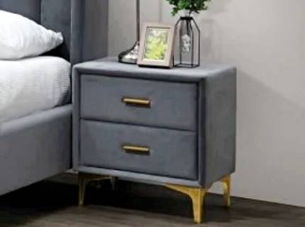 Noptiera tapitata cu 2 sertare MONAKO VELVET 53x56x36cm catifea gri, picioare si manere aurii