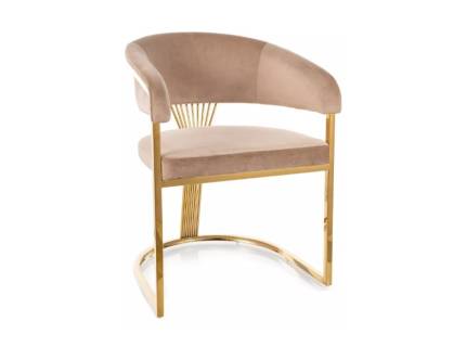 Scaun tapitat CROWN VELVET design rotunjit luxury, catifea beige 57x64xH77cm, picioare aurii