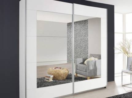 Dulap cu usi glisante ALEGRO 181x210x62cm alb alpin/ oglinda, maner aluminiu