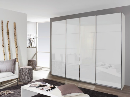 Dulap cu usi glisante SYNCRONO 271x230x62cm alb alpin/ 4 usi sticla alba configurabil