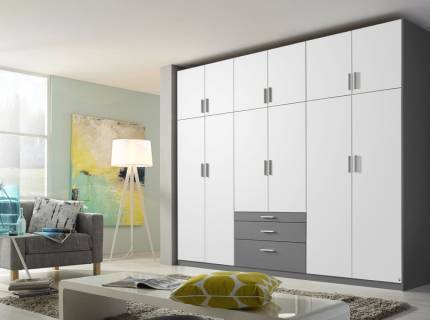Dulap cu 12 usi cu balamale si 3 sertare HILDESHEIM EXTRA 271x229x54cm alb alpin/ gri metalic