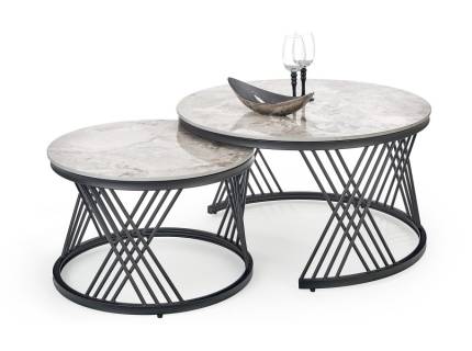 Set 2 masute FLAMINGO Grey din piatra sinterizata cu efect de marmura gri, metal negru 60xH40cm / 80xH46cm