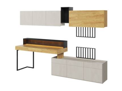 Set birou mare cu corpuri suspendate TEEN FLEX 01 297x193x61cm cu suport pentru suspendat TV, comoda, sistem de iluminare LED