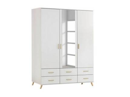 Dulap 3 usi cu balamale si 6 sertare ANNETT 137x203x53cm alb alpin/ oglinda, manere si picioare frasin Coimbra