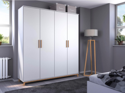 Dulap cu 4 usi cu balamale CARLSSON 181x203x53cm alb alpin, manere stejar