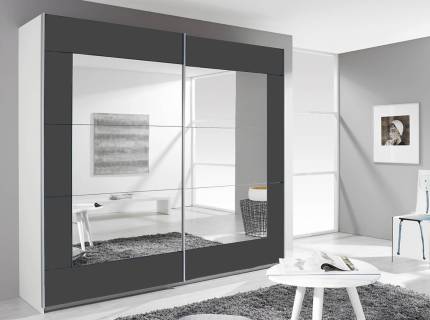 Dulap cu usi glisante ALEGRO 226x210x62cm alb alpin/ gri metalic - oglinda, maner aluminiu