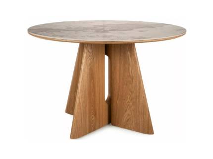 Masa ALZANO OAK din ceramica Pandoro alb lucios, MDF si frunir natural stejar 120xH77cm