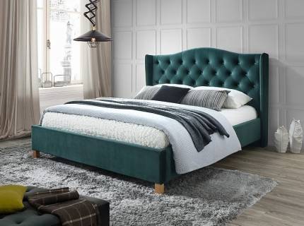Pat tapitat cu somiera ASPEN VELVET 140/ 160cm catifea green, picioare nuanta lemnului
