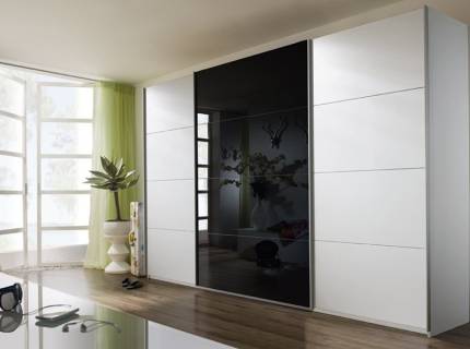 Dulap cu usi glisante KULMBACH 271x210x62cm alb alpin/ sticla basalt configurabil