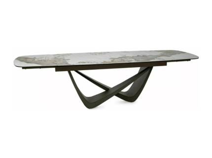 Masa extensibila MARANELLO CERAMIC PANDORO din sticla securizata si ceramica Pandoro alb lucios, metal cupru 200-290x90xH77cm