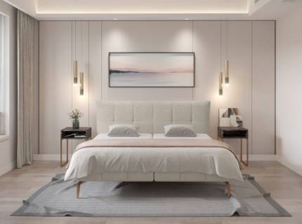 Pat tapitat cu spatiu pentru depozitare, saltea si topper incorporat JOLIN 160/ 180cm personalizabil, picioare aurii