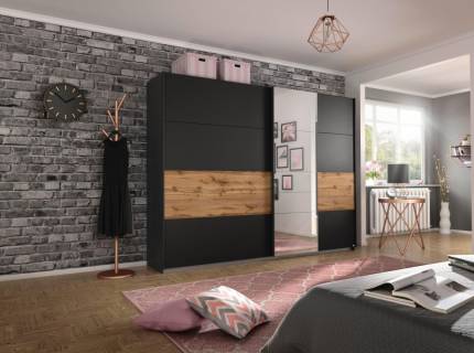 Dulap cu usi glisante BOSTON EXTRA 271x210x62cm gri metalic/ stejar - oglinda, maner gri metalic/ aluminiu