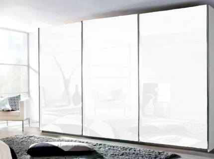 Dulap cu usi glisante KULMBACH 361x229x62cm alb alpin/ 3 usi sticla alba configurabil  