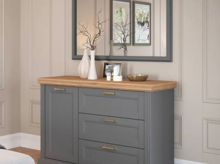 Comoda cu 1 usa si 3 sertare TARA GREY 138x91x48cm grafit mat/ nuc Pacific 