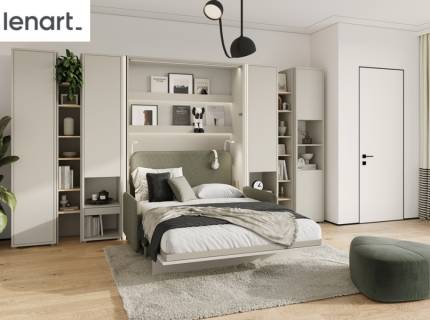 LENART BED CONCEPT set pat (140x200cm) rabatabil pe perete cu canapea olive, dulapuri si rafturi 385x40-228x218cm casmir