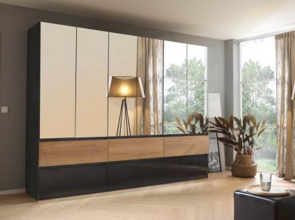 Dulap cu 6 usi cu balamale si 6 sertare WINNIPEG 271x210x56cm gri metalic/ gri lucios - halifax - oglinda