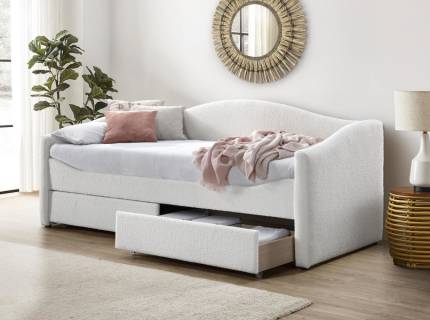 Pat tapitat cu somiera si sertare pentru depozitare CAYDENCE (90x200cm) material plusat cream