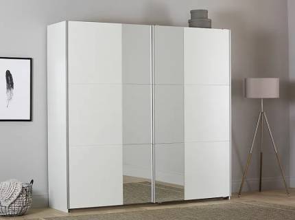 Dulap cu usi glisante FELLBACH 218x210x59cm alb alpin/ oglinda, maner aluminiu