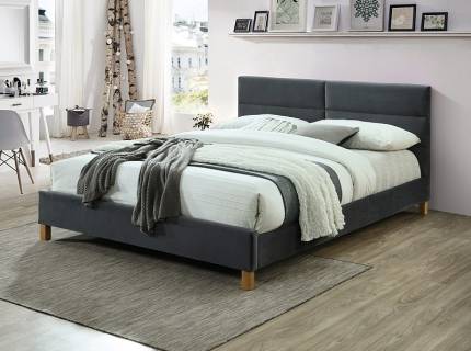 Pat tapitat cu somiera SIERRA VELVET (160x200cm) catifea grey, picioare nuanta lemnului