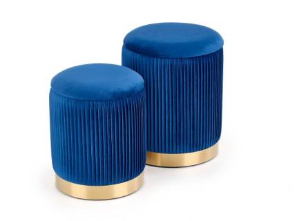 Set 2 tabureti MONTY catifea albastra, cadru auriu, cu spatiu pentru depozitare 44xH36cm / 38xH31cm